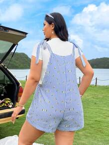 SHEIN EZwear 夏季最新款蓝白条纹梭织印花连体裤 - 彩色 - 查看 3