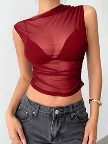 Siren Gaze Red Mesh Draped Round Neck Top, Mesh See-Through Blouse, Outerwear Shirt For Women Christmas Thanks Giving Summer New Year Casual Valentine's Day - Red - View 3
