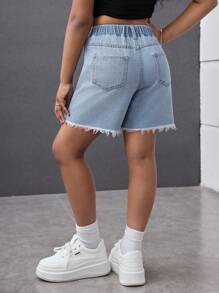 Tween Girls Y2K Fashion Streetwear Light Blue Washed Butterfly Print Cute Denim Loose Baggy Elastic High Waist Bermuda Shorts Denim Baggy Long Short With Raw Hem,Girls Summer Beach Boho Vacation Shorts, Summer Concert Festival Casual Rave Outfits, Girls Summer Brunch Church Graduation Outfits,Streetwear Back To School Outfits - Light Wash - View 2