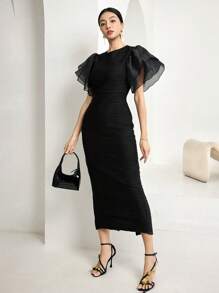 Modelyn Ruffle Sleeve Jacquard Textuur Slanke Jurk Lange Avondjurken