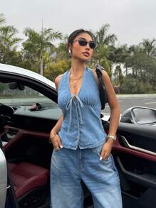 SHEIN EZwear Top halter de mezclilla para mujer, de moda para el verano - Azul - Ver 4