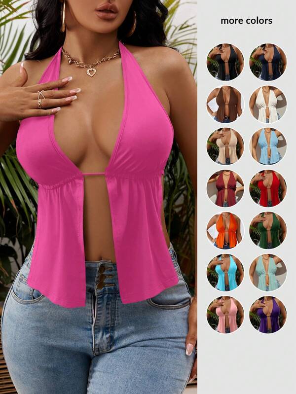 SHEIN SXY Summer Front Slit, Backless, Knotted Halterneck Black Top