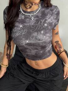 Coolane 女士夏季音乐节狂欢街头服饰复古西部风 Y2K Gyaru 水钻扎染黑色短款上衣 T 恤