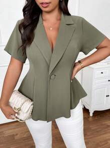 SHEIN Frenchy Plus Size Minimalist Versatile Elegant Green Short Sleeve Suit Blazer, Suitable For Work Office Commute, Summer Graduation,Back To School,Teacher Outfits For Women In Fall/Winter - Green - View 3
