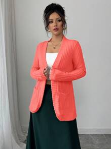 SHEIN LUNE Women Casual Ribbed Brushed Pink Cardigan With Side Pockets, Shorts - Watermelon Pink - View 5