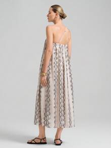 Ontre 2025新款都市风印花无袖长裙，褶皱设计，蛇纹印花，适合夏季、毕业典礼、节日、音乐节 - 卡其色 - 查看 5