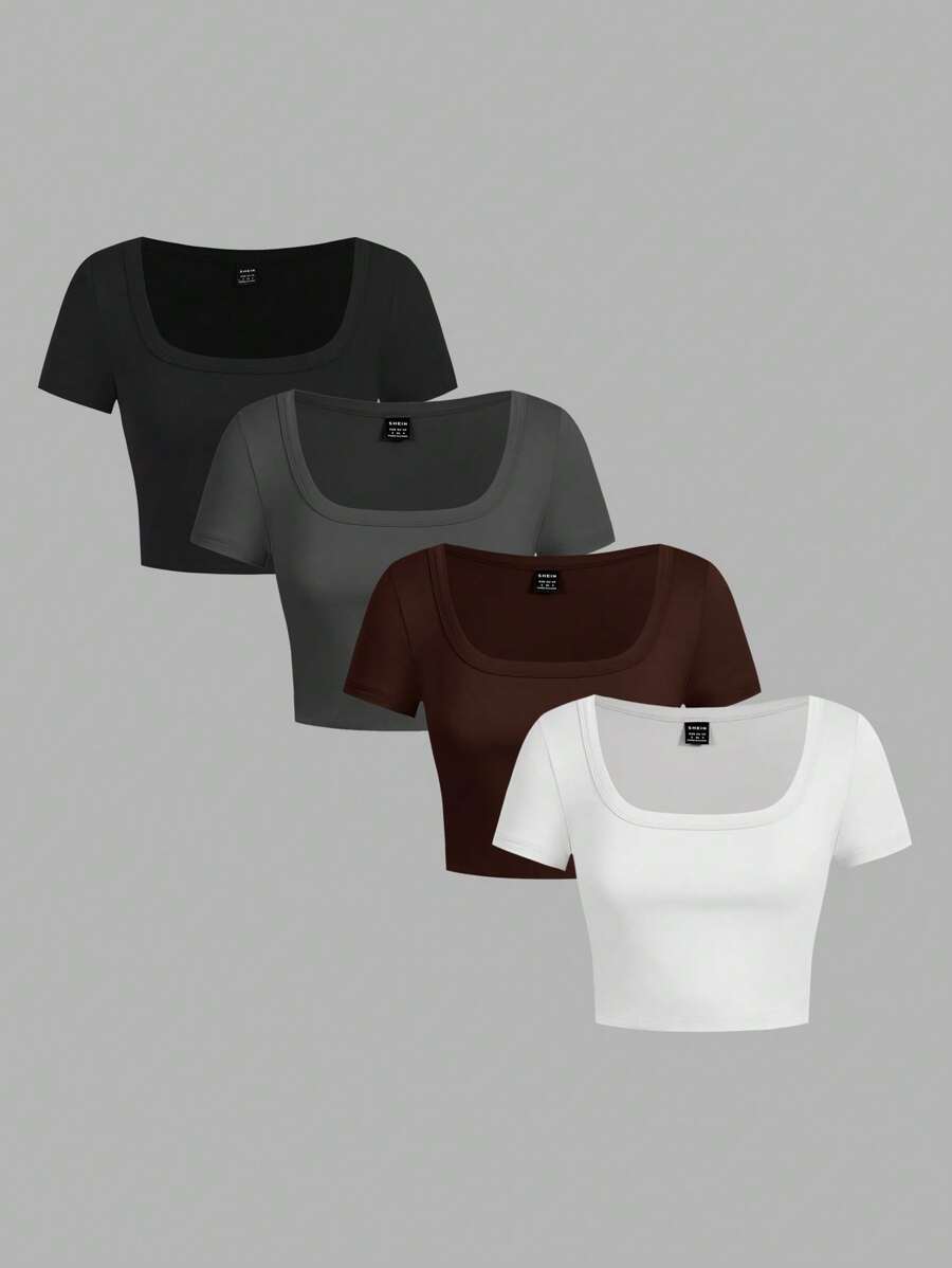SHEIN EZwear 4件套休闲简约方领和圆领短袖短款上衣女士夏季T恤 - 彩色 - 查看 1