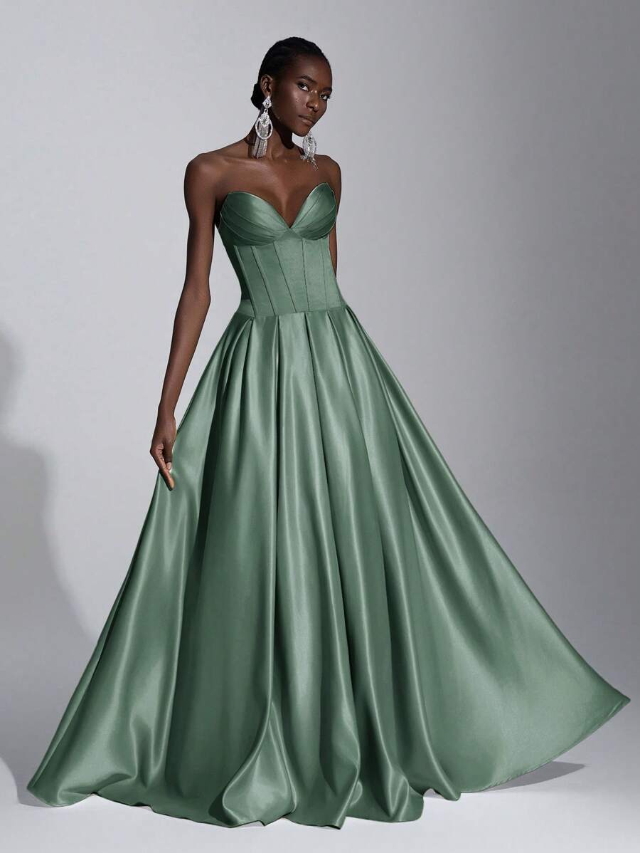 Elitara Váy dự tiệc hở lưng, không dây, buộc dây, dáng xòe rộng thanh lịch cho những dịp trang trọng, thích hợp cho các buổi hẹn hò, kỳ nghỉ, tiệc tùng, váy dạ hội, tiệc cưới - màu xanh lá - Xem 1