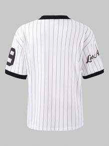 SHEIN ChillGRL 青少年女孩家庭装复古运动队数字条纹 V 领黑色装饰超大休闲 T 恤，适合女孩、假日、夏季、旅行