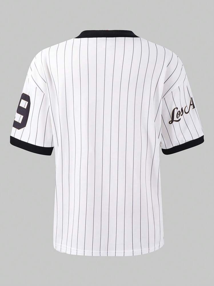 SHEIN ChillGRL Camiseta casual holgada con cuello en V, ribete negro y rayas con número de equipo deportivo vintage, a juego en familia, para niñas preadolescentes, vacaciones, verano, viaje - Blanco - Añade 2