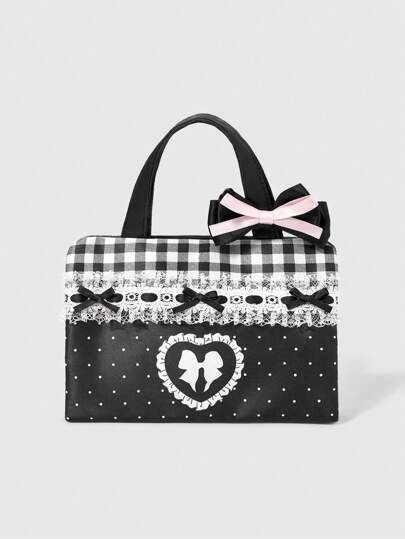 Anime Organizador de maquillaje de gran capacidad con estilo floral de encaje y diseño de parches a cuadros, bolso cosmético portátil con moño, estilo adolescente lindo 401422