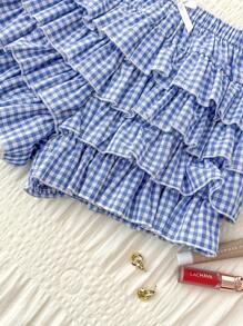 SHEIN Leap Crew Teen Girls Blue Plaid Ruffled Layered Ruched Cute Sweet Shorts - Blue - View 6