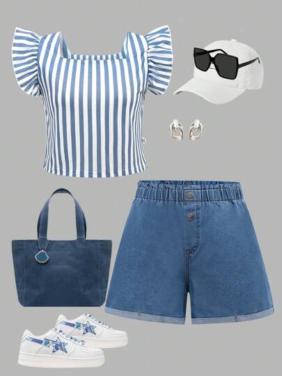 SHEIN Girlism Dziewczęcy zestaw casualowy z prostym, wygodnym kwadratowym dekoltem i krótkim rękawem oraz szortami dżinsowymi, 2 sztuki