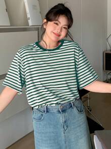 Dazy Plus Colorblock Stripe Print Round Neck Loose Short Sleeve Pink T-Shirt, Spring/Summer - Green - View 4