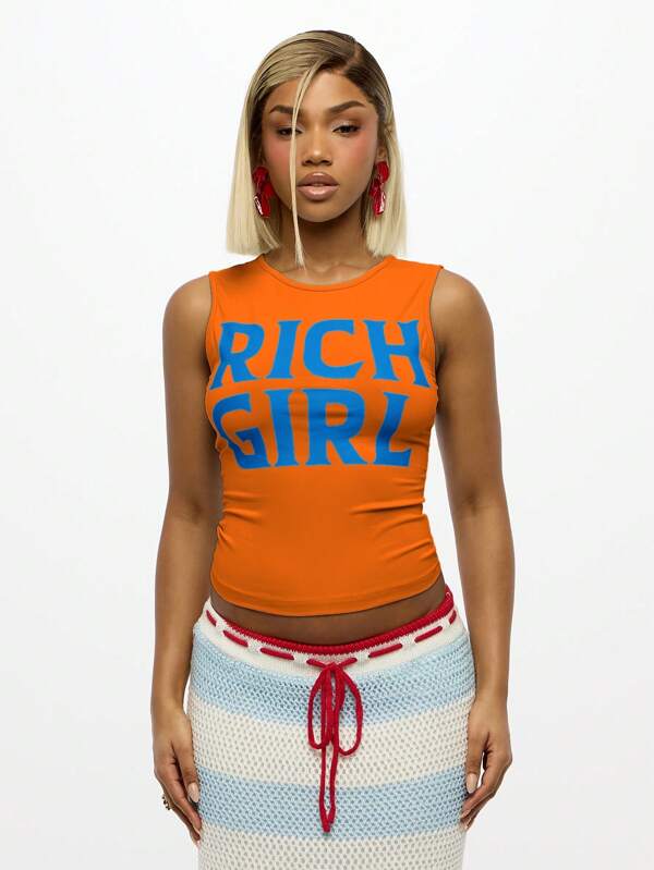 SUMWON WOMEN Trendsetting Basic Rich Girl Statement Graphic Tank Crop Top Streetwear Summer Festival Sleeveless Y2K Tee