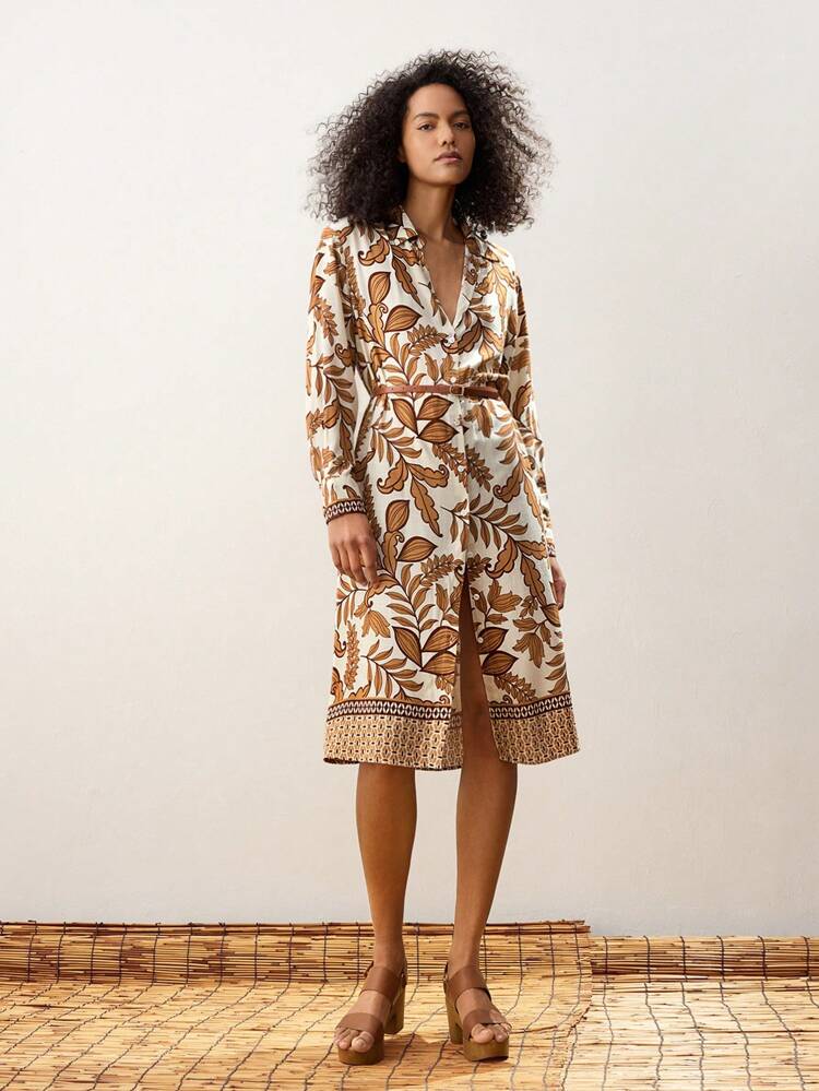 SHEIN Maija Off-White,Autumn,Elegant,Tea Party Plant Print Long Dress,Bohemian Style A-Line Umbrella Hem Design,Fashionable Festival Boho Summer Hawaiian Clothing
