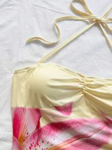 Soleia 女士夏季海滩花卉印花鸡尾酒礼服，节日婚礼派对优雅性感正式伴娘礼服，不对称下摆，露背领蝴蝶结，紧身 - 粉色 - 查看 3