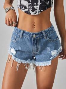 SHEIN ICON Women's Pocket Frayed Edge Casual Versatile Denim Shorts - Medium Wash - View 4