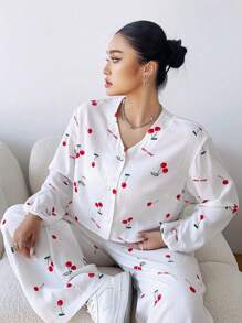 POPSWAY 2pcs/Set Sweet Cherry Print Casual Lounge/Home Wear, Cute & Comfy - Red and White - View 3