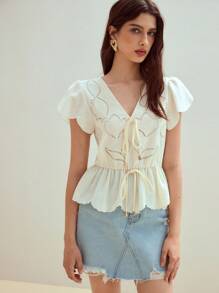 MOTF STUDIO 亚麻结饰荷叶边上衣 - 杏色 - 查看 4