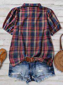 Linhara Camisa informal a cuadros de manga abullonada para mujeres de talla grande, ideal para festivales de música country