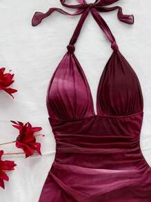 Soleia 复古渐变露背 V 领系带网眼荷叶边不对称下摆浪漫度假性感迷你连衣裙女式 - 彩色 - 查看 5