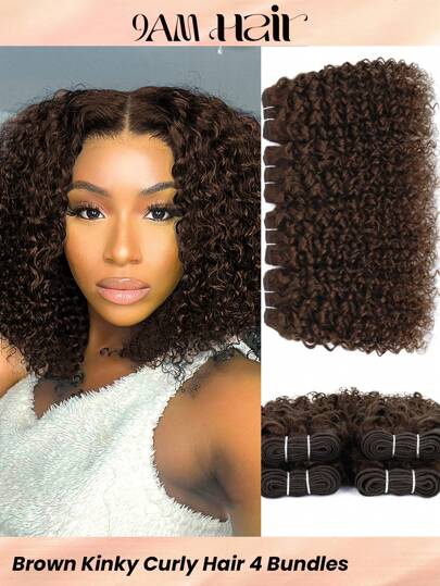 Color #4 Dark Brown Kinky Curly Human Hair Bundles Remy Hair 4 Bundles Chocolate Brown Curly Bundles 50g/Pc Human Hair Brown Bundles Hair Weave
