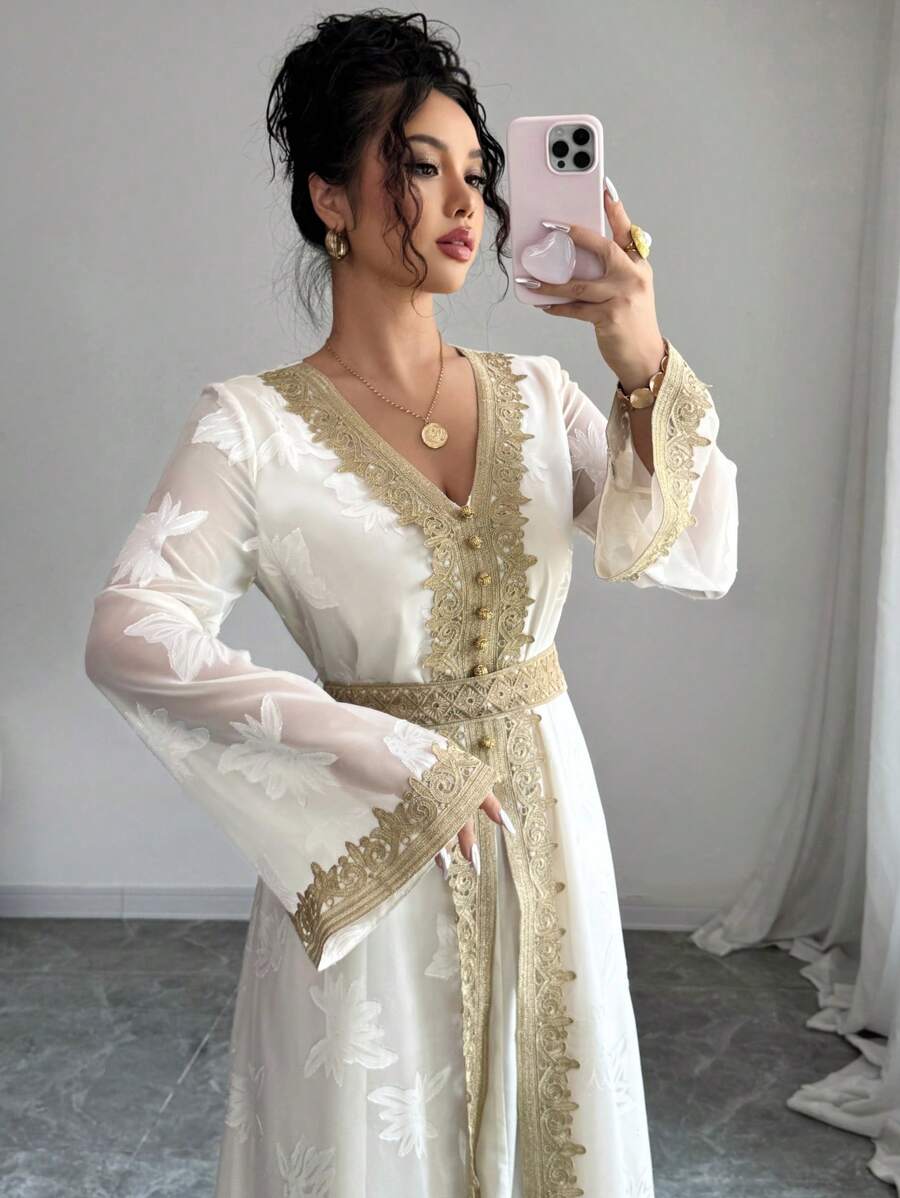 Rafferiza Vestido para mujer con cuello en V, manga larga, paneles de encaje floral dorado - Albaricoque - Ver 1