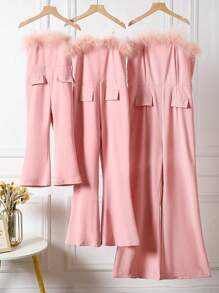 Young Girl Solid Pink Elegant Ruffled Flared Jumpsuit, Spring/Summer Family Matching Outfit - Pink - View 4