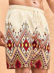 Manfinity VCAY Men's Slim Fit Woven Geometric Pattern Print Shorts, Suitable For Summer - Yellow - View 4