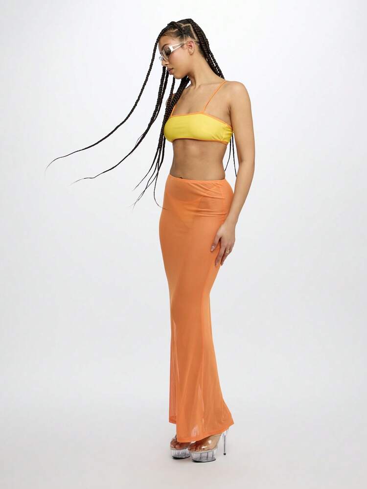 SUMWON WOMEN Mesh Sheer Flare Maxi Skirt Cover Up