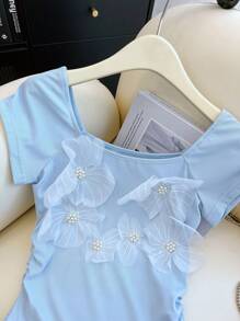 Franclia Elegant Square Collar 3D Floral Ruffle Fitted Short Sleeve T-Shirt - Blue - View 7