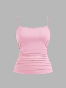 SHEIN EZwear Bộ 4 áo ba lỗ thường ngày cho nữ có xếp ly bên hông, màu đen, hồng, xám, trắng, thích hợp cho mùa hè - Nhiều màu - Xem 12