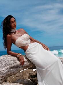 Opulessa Women's Solid Color Woven Contrast Lace Backless Dress - White - View 7