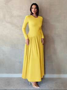 SHEIN Tall 女式纯色圆领长袖荷叶边下摆连衣裙 - 黃色 - 查看 5