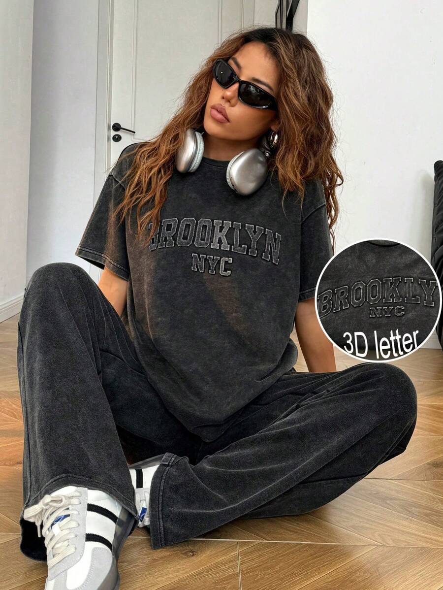 SHEIN EZwear 2件套:字母压花水洗T恤和裤子加大码 - 黑色 - 查看 1