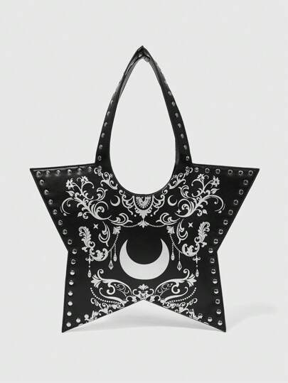 Goth Bolso de hombro de gran capacidad con estampado de luna y pentagrama de moda para mujer