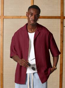 SUMWON 纹理条纹夏季度假衬衫纽扣领露营领假日海滩休闲短袖轻便度假周末家居服 - 酒紅色 - 查看 1