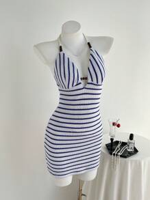 Chiquease Blue And White Striped Knit Sleeveless Bodycon Turtleneck Dress - Blue and White - View 3