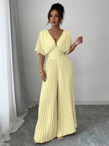 Lyxana Solid Color Deep V-Neck Bat-Wing Pleated Elegant Women's Jumpsuit - Yellow - View 6