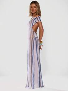 Musera Resort Robe de plage longue ajustée en mousseline de soie à imprimé, avec épaules dénudées et manches courtes. Élégante et sexy, parfaite pour les vacances, les stations balnéaires et les mariages en saison printanière et estivale. - Blanc - Voir 4