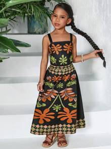 SHEIN 2pcs Young Girl Knit Ditsy Floral Camisole And Woven Mini Skirt Set - Black - View 6