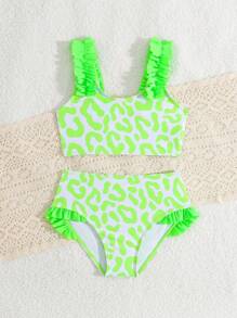 SHEIN Young Girl Leopard Print Swimwear Set With Frill Trim, Two Pieces - Multicolor - View 5