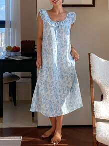 DAZY Full Print Ruffle Hem Sleeveless Long Lady Nightgown Pajama - White - View 4