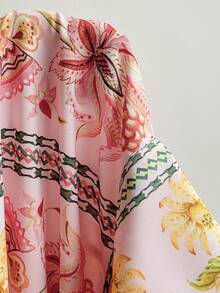 Dreamara 大码女式春装度假印花深V领长袖蝴蝶结前襟衬衫 - 彩色 - 查看 8