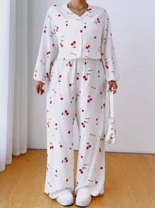 POPSWAY 2pcs/Set Sweet Cherry Print Casual Lounge/Home Wear, Cute & Comfy - Red and White - View 5