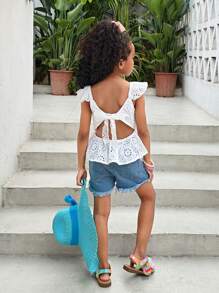 Top casual senza schienale con fiocco e maniche corte, adatto per vacanze e moda giovane, abiti coordinati per fratelli e sorelle (2 pezzi venduti separatamente)