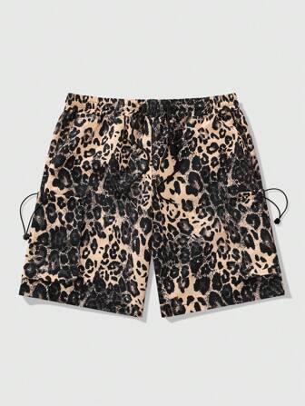 Street Life Pantalones cortos casuales de cargo con cintura elástica con estampado de leopardo para hombre