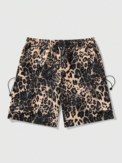 Street Life Men's Leopard Print Elastic Waist Casual Cargo Shorts