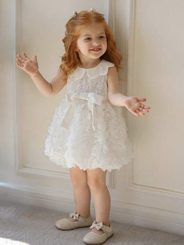 SHEIN Baby Girl 3D Floral Decor Waist Tied Elegant Party Dress